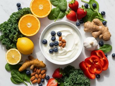 Bowl of yogurt topped with blueberries and almonds surrounded by citrus, berries, greens, ginger, garlic and peppers on a marble surface (healthy food collage).