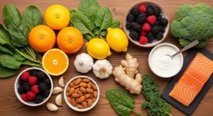 A Natural Guide to Better Health2 AdedejiOfAkure Media Colorful spread of healthy foods citrus fruits leafy greens berries broccoli kale ginger garlic almonds yogurt and a salmon fillet on a wooden table