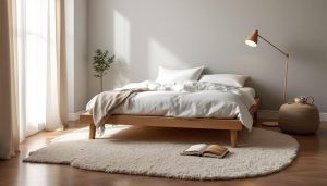 Minimalist bedroom with a low wooden bed white bedding beige throw a fluffy cream rug plant and a floor lamp to the right
